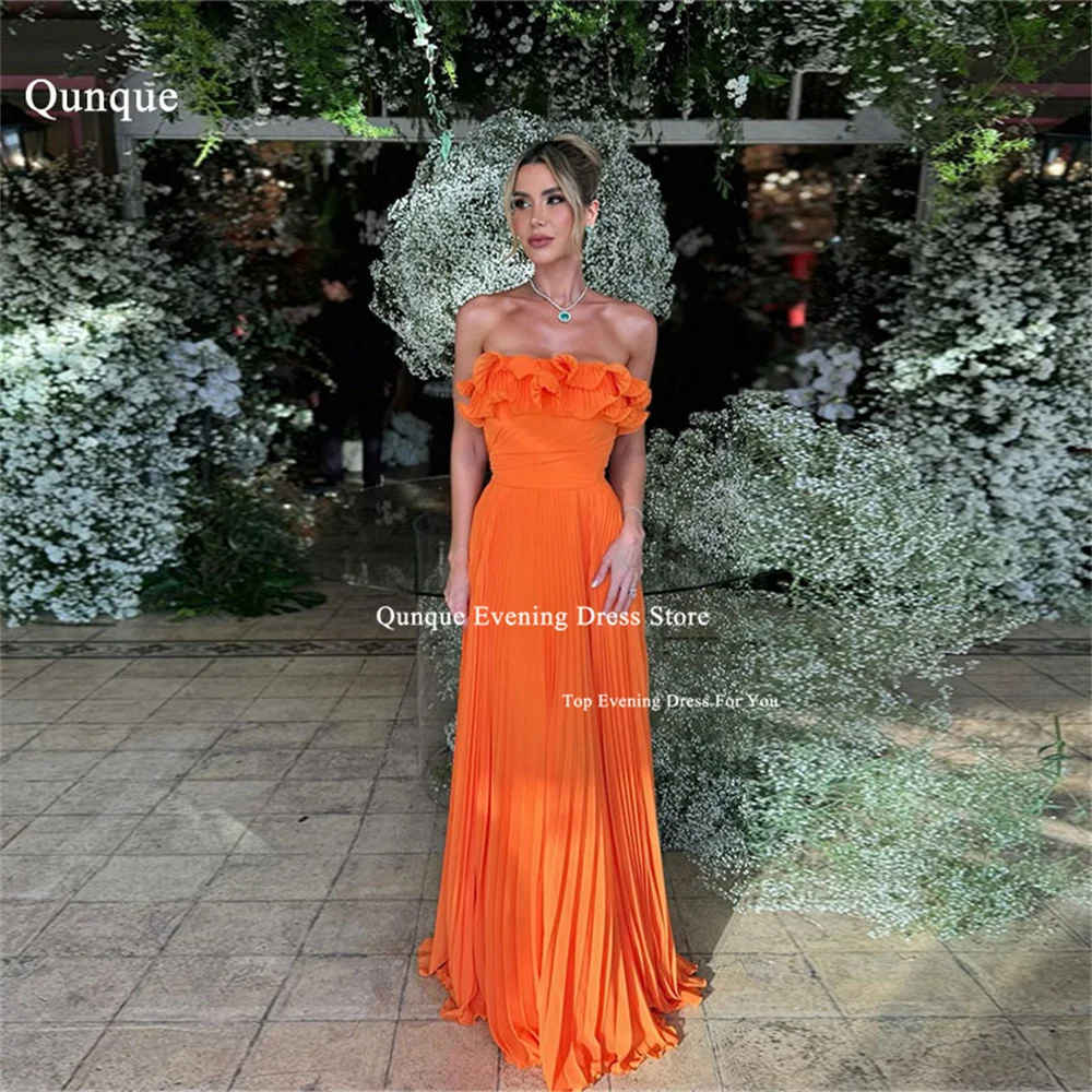 Qunque Organge Chiffon Prom Dresses Long A Line Strapless Evening Dresses Woman Elegant Sleeveless Ruched Party Gowns Customized