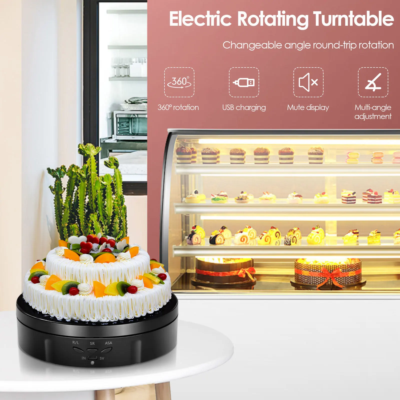 13.8CM Mini Electric Turntable Rechargeable Mirror Base Bakery Cake Display Stands With Battery+Background Plates Max Bear 10KG