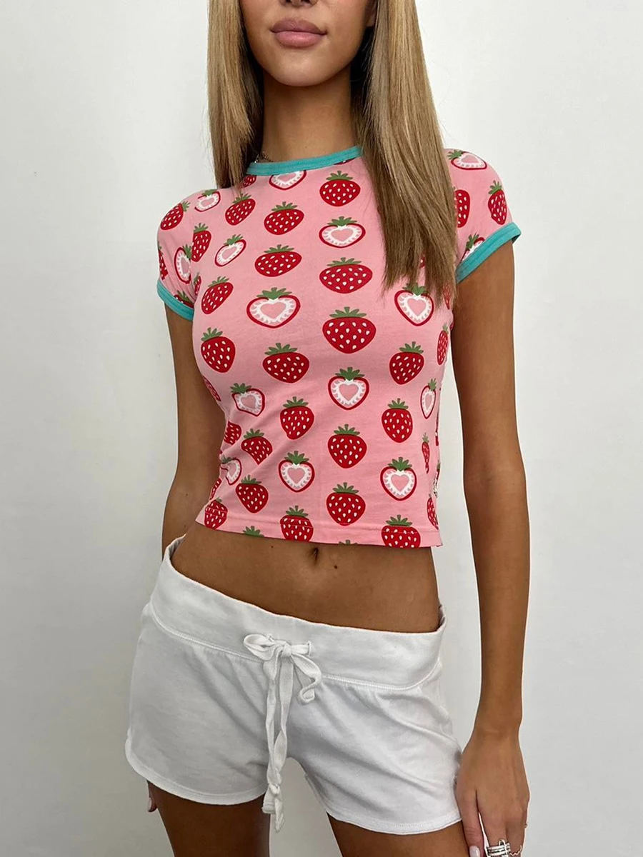 Women s Summer Strawberry Print Tops Short Sleeve Round Neck Short Trendy Baby Tees