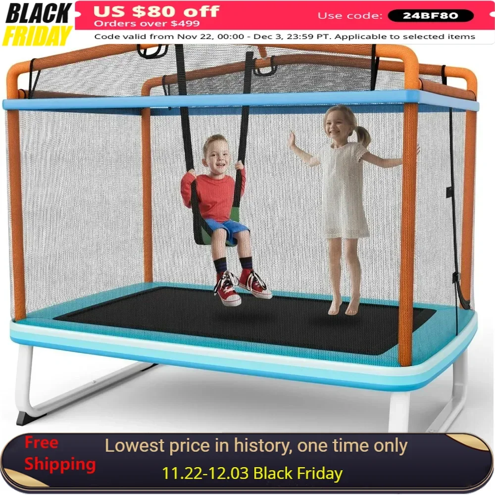 

6FT Kids Rectangle Trampoline, 75” ASTM Approved Recreational Trampolines with Swing, Mini Toddler Trampoline w/Enclosure Net