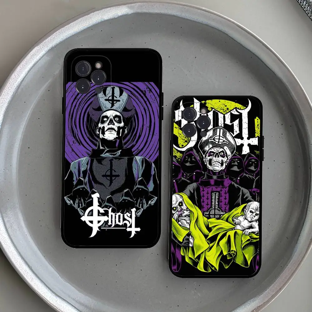 Clássico banda de metal g-ghost caso de telefone para iphone 16 15 14 13 12 11 17 pro max simplicidade volta tpu caso macio
