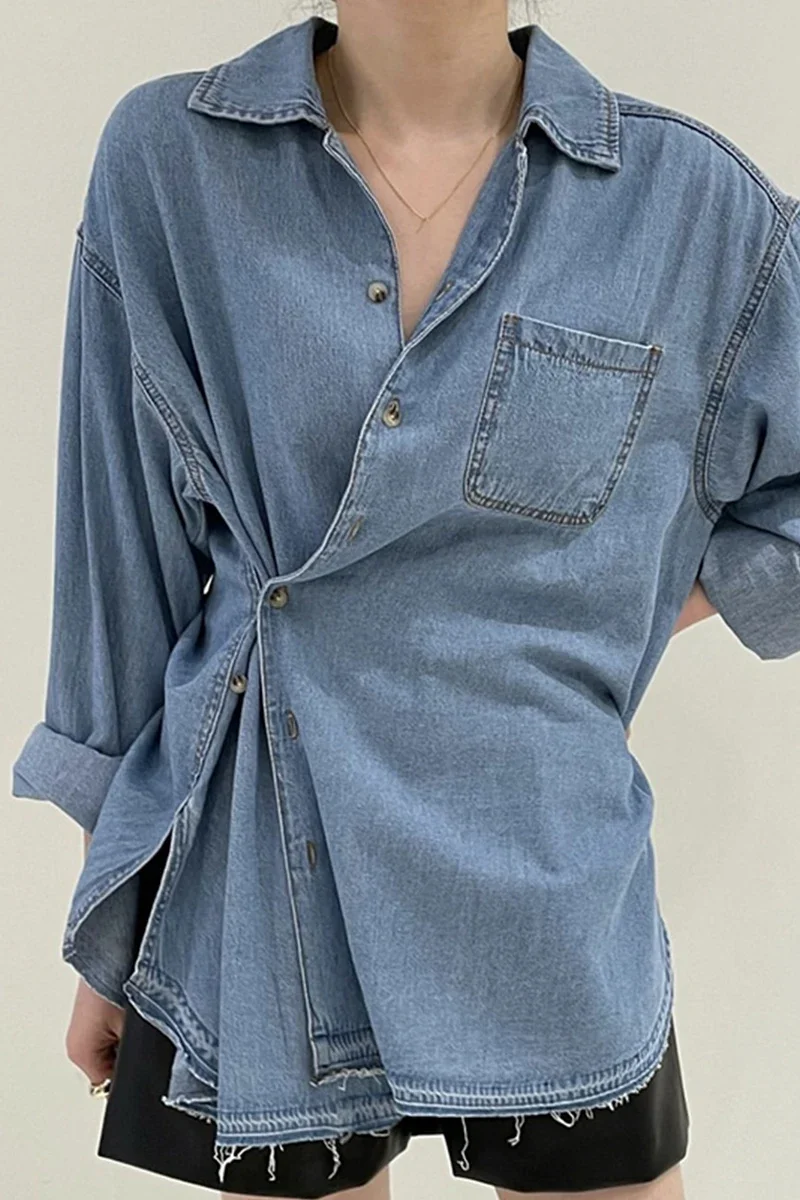 SuperAen Korean Chic Spring Autumn Retro Lapel Button Design Loose Long Sleeved Washed Denim Shirt