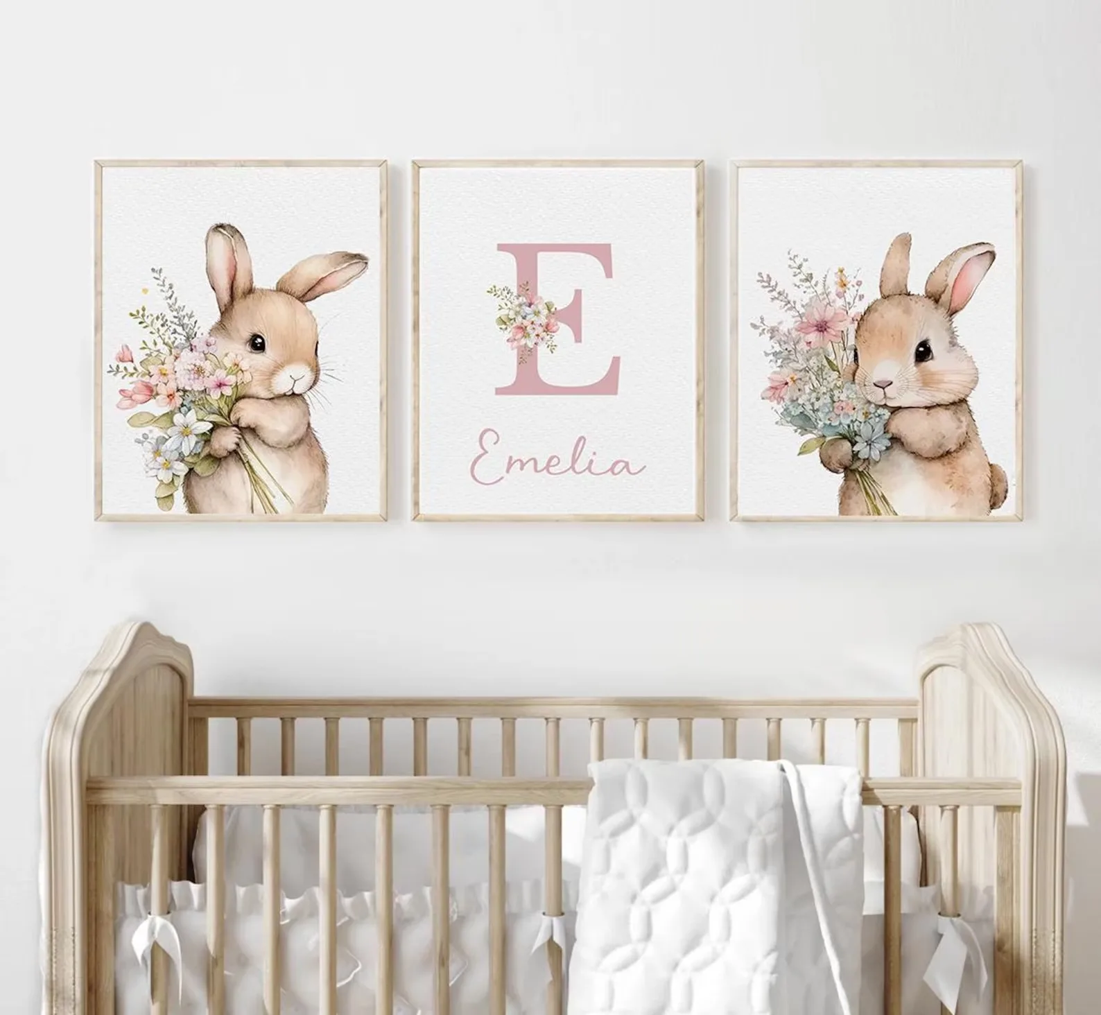 3pcs/set Custom Cartoon Bunny Personalized Name Canvas Print Easter Pink Animal Nursery Wall Poster for Baby Girl Home Decor