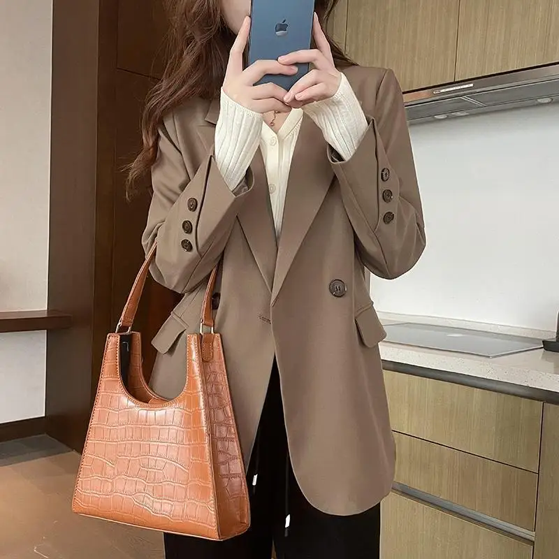 Women's Suit Jacket Spring Autumn Formal Work Clothes Office Clothing Solid Color Double Breasted Pocket Trim Coat Korean