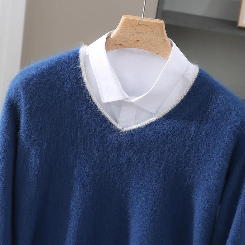 جديد الخريف/الشتاء سترة صوفية للرجال 100% المنك الكشمير الخامس الرقبة البلوز سترة ، فضفاض المتضخم محبوك قاعدة ، سترة دافئة