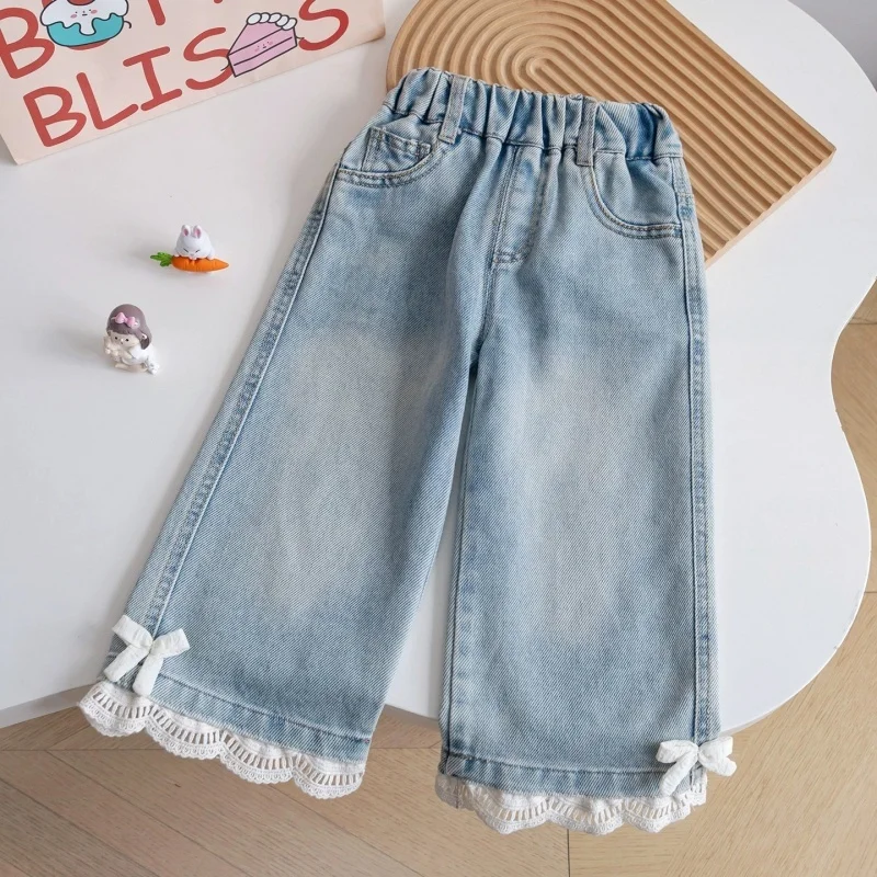 

2026 Sweet Girls Bow Jeans Fashion Light Blue High Waist Loose Cowboy Wide Leg Pants Autumn Girls Lace Splicing Denim Trousers