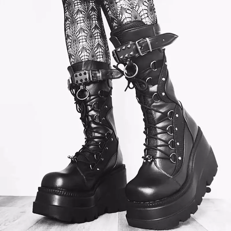 

Women's Boots Brand Design Gothic Punk Street Zipper Platform Cool Knight Mid Boots Black 2023 New Halloween Cosplay Wedge Boots