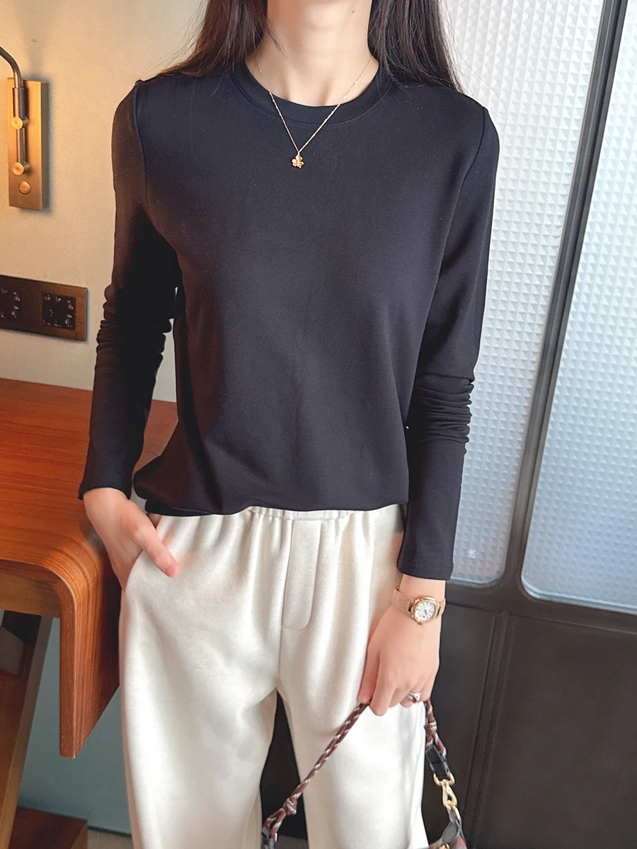 

Женская футболка-лонгслив из лиоцелла, хлопка и модала с высоким содержанием волокон, повседневная, приталенная, с круглым вырезом и подплечниками