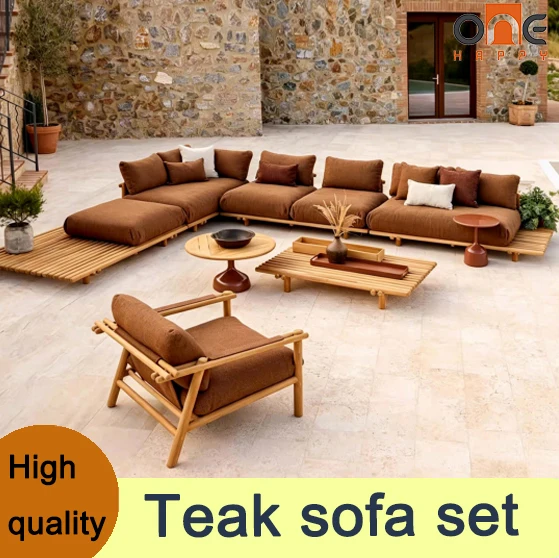 Conjunto de sofás de ratán PE con estructura de teca de lujo, resistente al agua, muebles de exterior perfectos para jardín, patio, piscina, playa, hotel. - AliExpress 