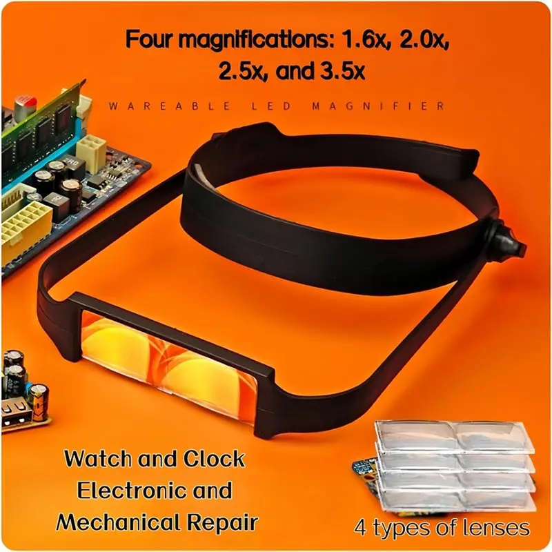 MLGB-Adjustable Headband Magnifier With 4 Lenses(1.6X, 2.0X, 2.5X, 3.5X) For Jewelry& Craft Work