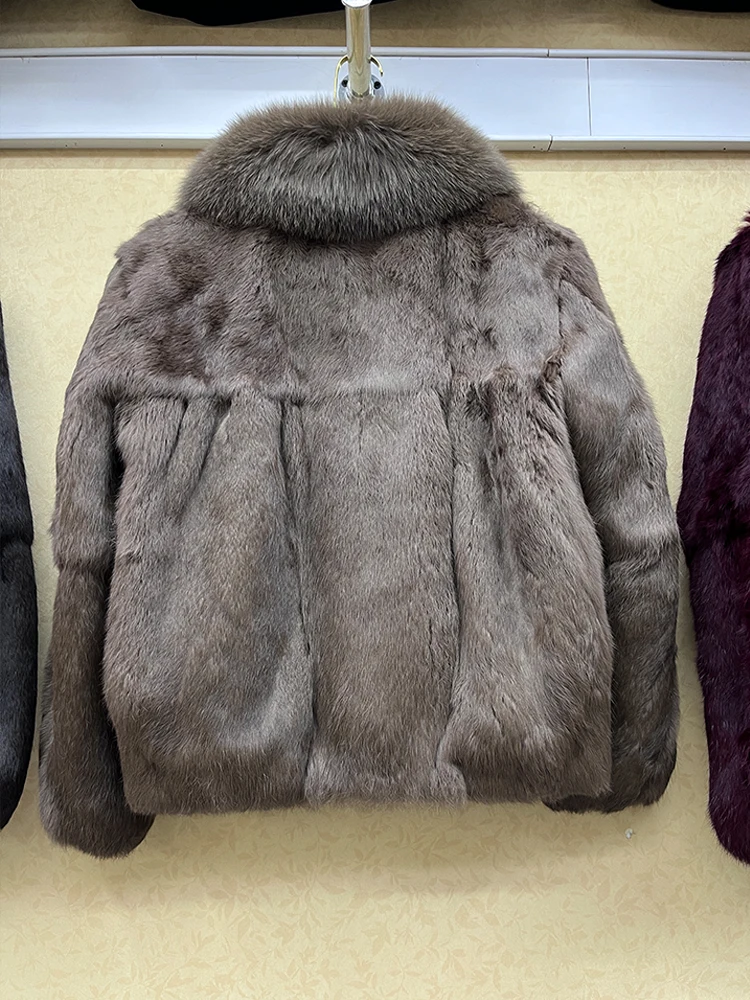 Abrigo de piel de conejo auténtica 100% a la moda con chaqueta con cuello de piel de zorro Natural de lujo abrigo de piel de conejo entera auténtica