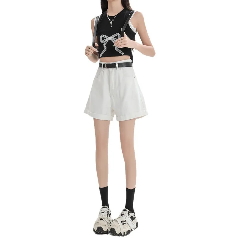 

Washed Thin Beige and White Denim Shorts, Women Summer Fashion Loose High-waisted Crimping Edge Mid-length Trousers Casual Jeans