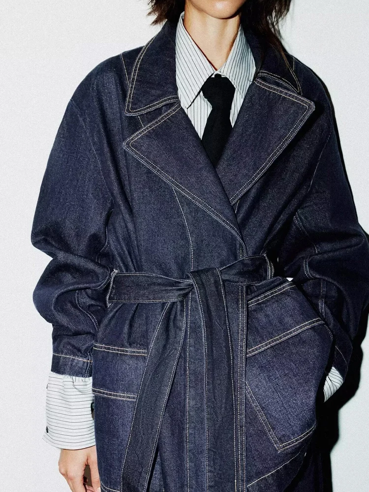 

Осенняя женская одежда в европейском и американском стиле, новая модная универсальная тонкая джинсовая куртка с лацканами и длинными рукавами на шнуровке