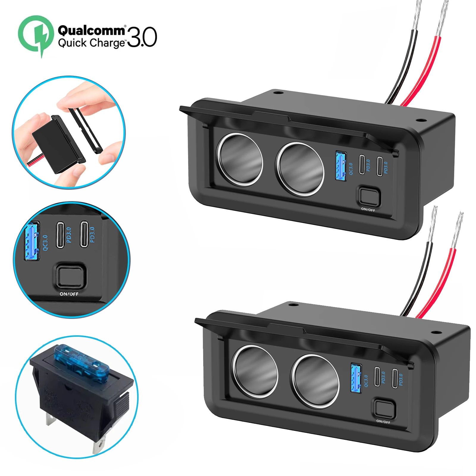 

12 В/24 В 2-портовый автомобильный разветвитель прикуривателя, быстрое зарядное устройство, адаптер питания для телефона с переключателем для автомобиля, грузовика, морской лодки, кемпера