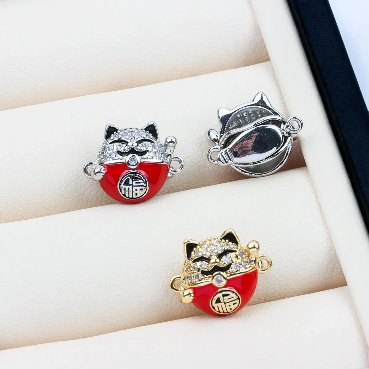 18K الذهب الحقيقي مطلي الزركون مطعمة محظوظ القط سبيكة مشبك ، النمط الصيني التوصيل عصا الصحافة مشبك DIY بها بنفسك الملحقات #3