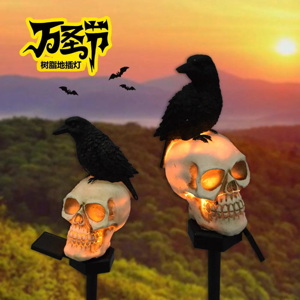 1/2pcs Black Crow Skull Solar Light Resin Halloween Outdoor Waterproof Garden Landscape Waterproof LED Lawn Decorative Lamp