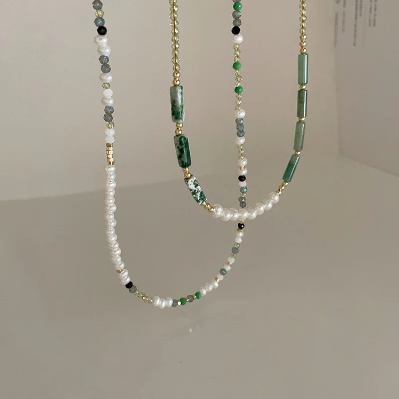 ALLNEWME Retro Green Natural Stone Strand Beaded Necklace Crystal Imitation Pearl Chokers Necklaces for Women Casual Jewelry