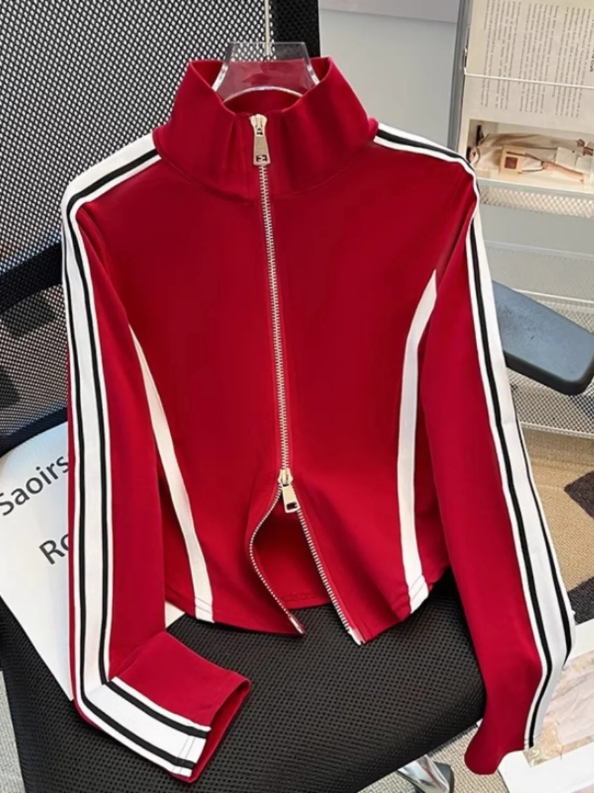 Early Autumn Unique Spicy Girl Double Zipper Pattern Retro Color Block Stand Collar Long Sleeve Open Cardigan Slim Short Top ...