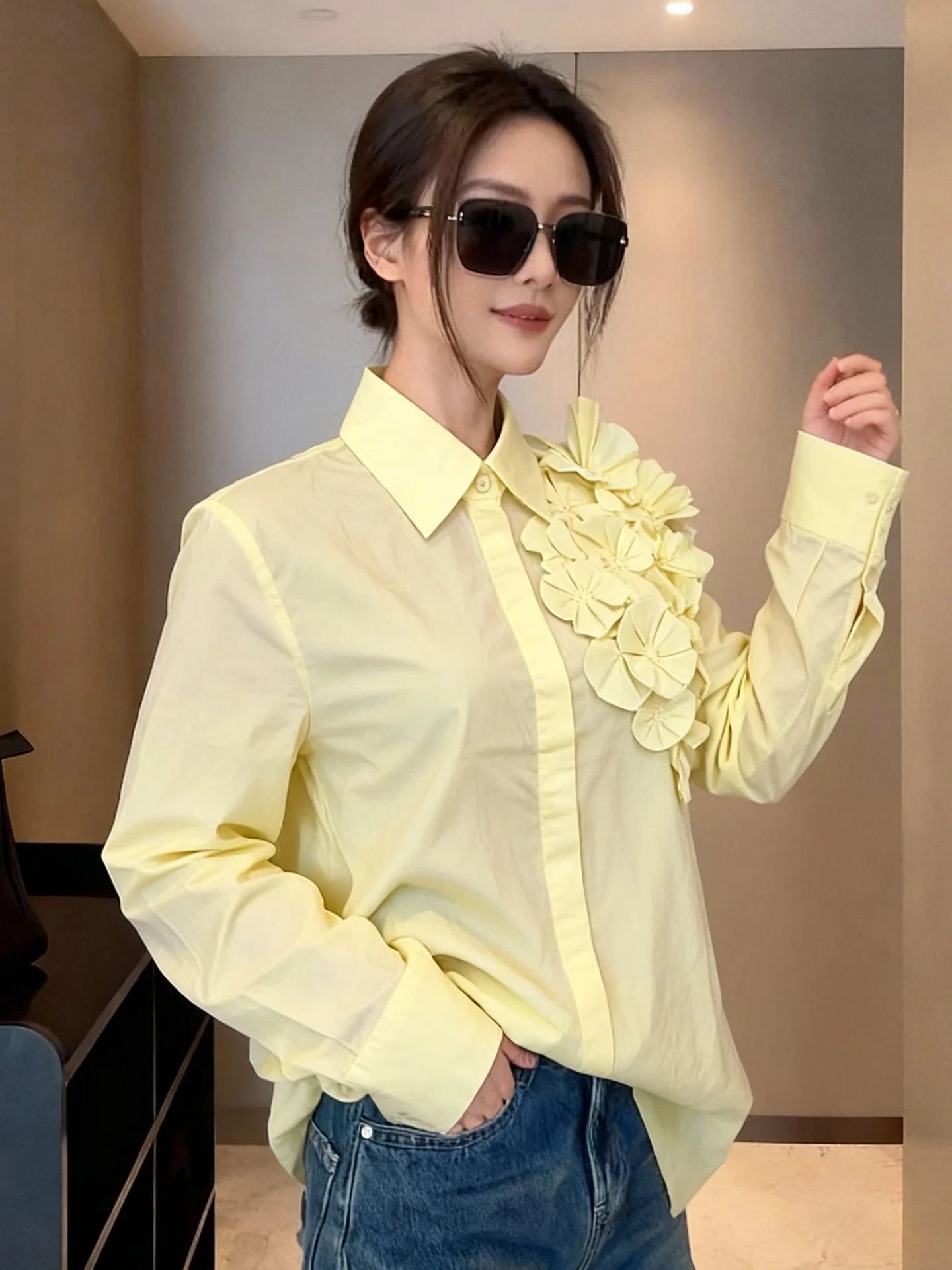 

Loose Long Sve Women's irt Autumn Winter New Sle Korean Design Pure Color Floral 3D Print Faionable Top Snow White