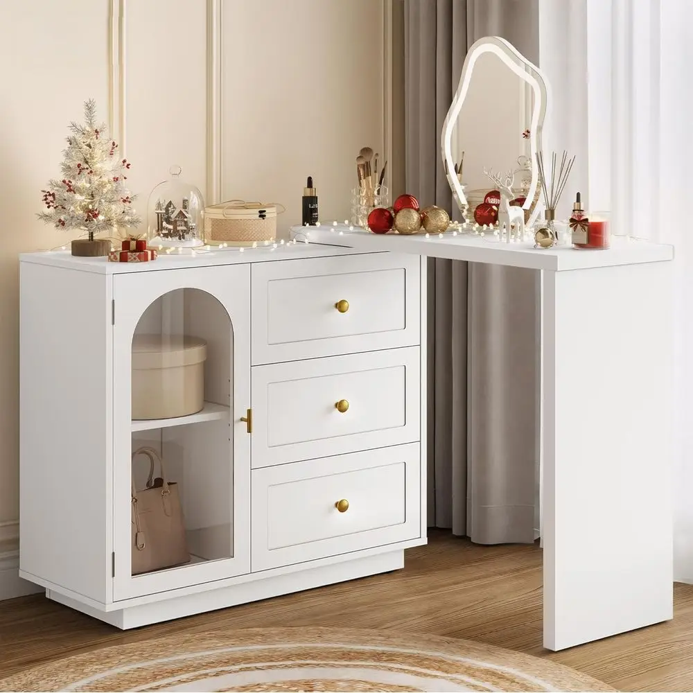 59 Makeup Vanity Desk with Drawers and Door, White Vanity Dresser Combo, Ideal for Vanity or Bedroom, LED Table for Working, Din