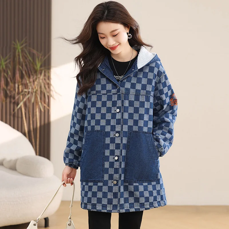 New Women Autumn Winter Velvet Lining Denim Coat Fashion Hooded Single Breasted Checkerboard Jacket Casual Loose Thick Coat