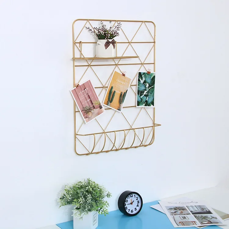 ins gold wall decoration wall hanging wrought iron mesh photo wall storage rack dormitory living room background  metal