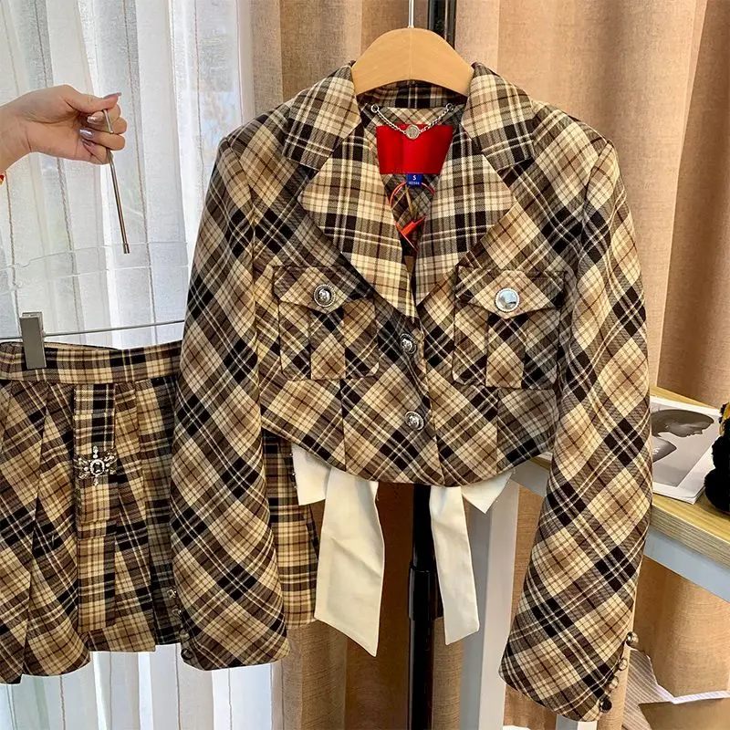 Women Blazer And Skirt Set Suits Fashion Cool Suits Spring Autumn Plaid Small Suit Jacket High Waist Pleated Skirt 2 Piece Sets