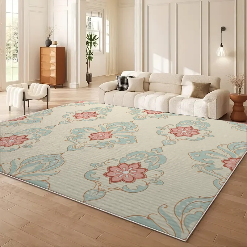 Neuer Chinesischer Teppich mit Frischen Rosa und Blauen Blumen für Wohnzimmer, Eleganter Rutschfester und Verschleißfester Großer Teppich