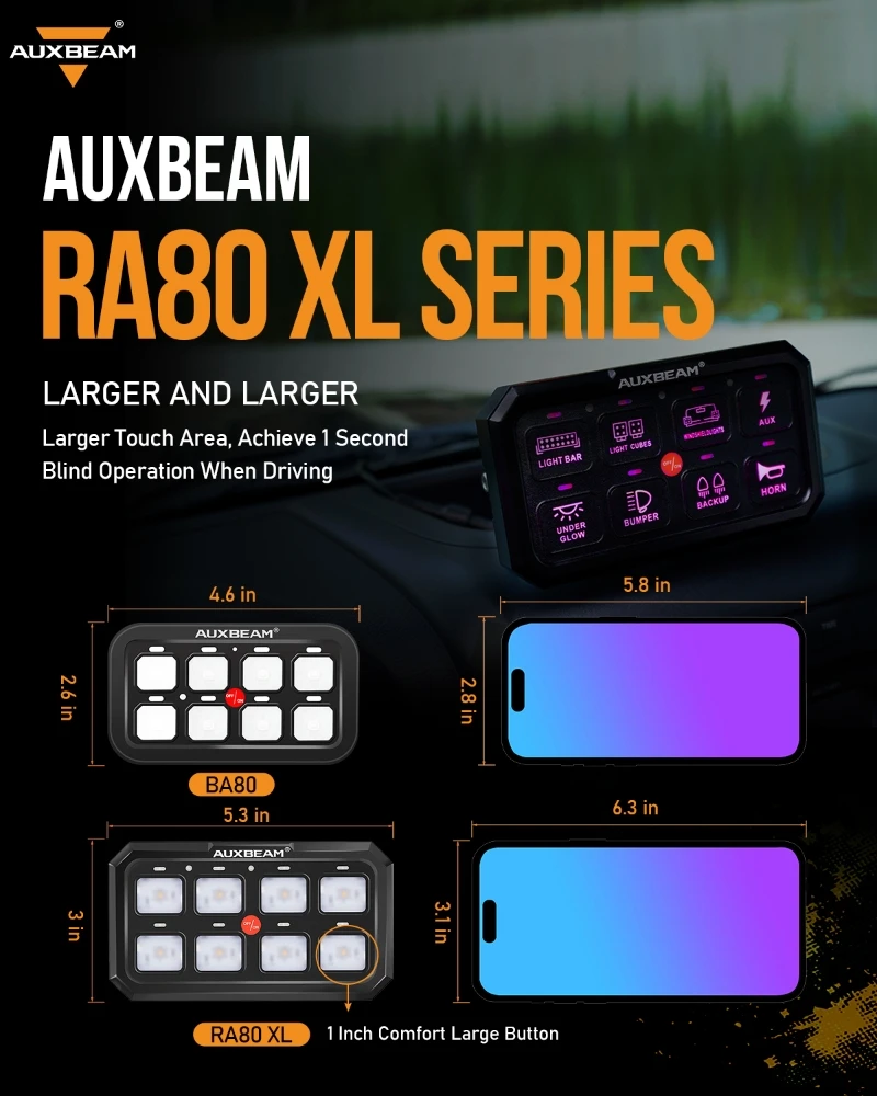 AUXBEAM RA80 XL 8Gangs Switch Panel RGB Universal LED Electronic DIY On-Off Power Relay System TOGGLE/ MOMENTARY/ PULSED MODE