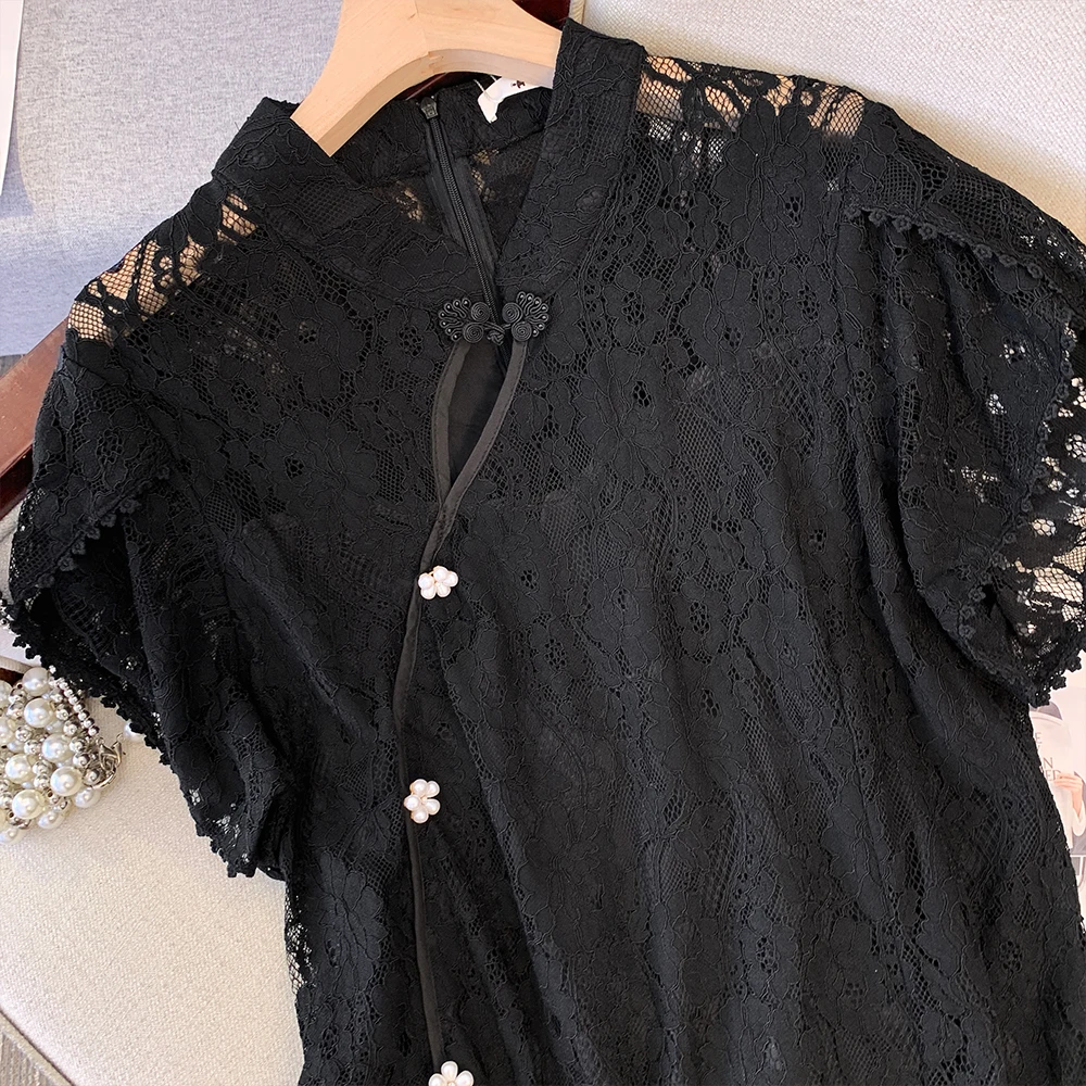 Plus size women\'s Summer Casual Dress Black Chinese lace cutout embroidery decoration 2024 new party dress loose and comfortable