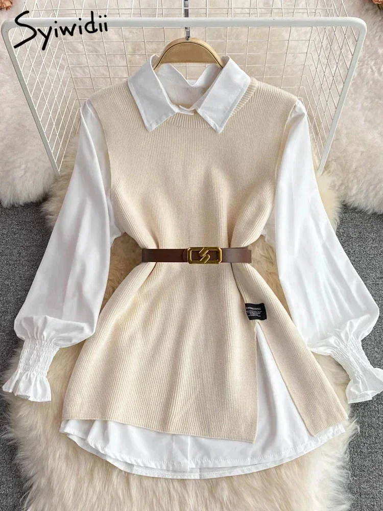 Syiwidii Blouses Sets Women Knitted Sweater Vests Autumn 2024 Fashion Turn-down Collar Single Breasted Female Blouses Two-piece