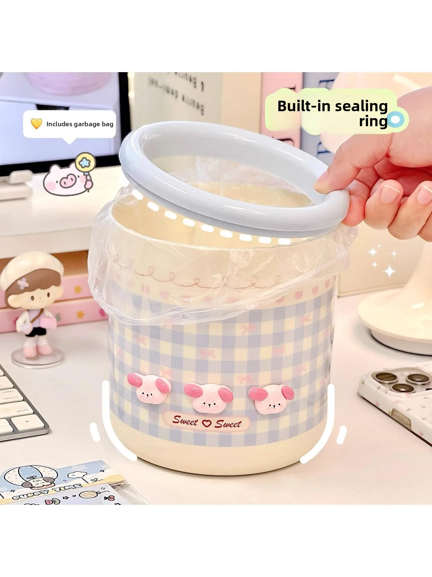 

Cute Desktop Dormitory Trash Can Large Capacity High Aesthetic Value Dopaamine Bedroom Living Room round Barrel Shaped Home Use