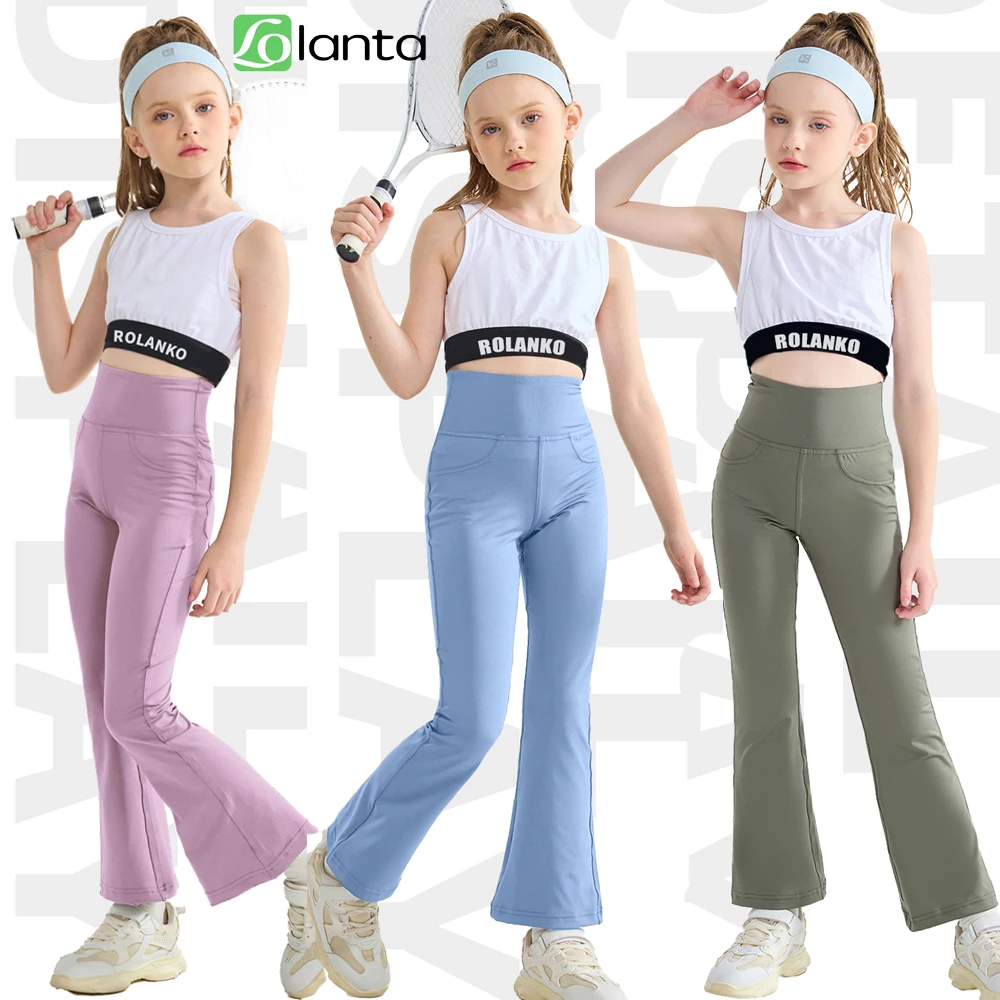 LOlanta Girls Flared Yoga Leggings High Waist Bootcut Stretch Workout Running Active Pants with Pockets 4-14Years