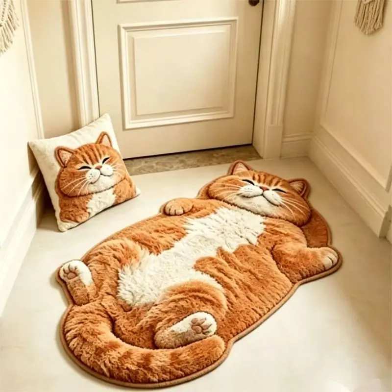 VIKAMA Cute Lying Belly Up Tabby Cat Shaped Bath Mat Soft Non Slip Bathroom Entry Doormat Bedroom Bedside Carpet Home Decor