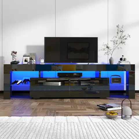 70IN LED TV Stand for 65/75/85 inch TV, High Glossy Modern Entertainment Center with Drawer and Led Lights (Black)