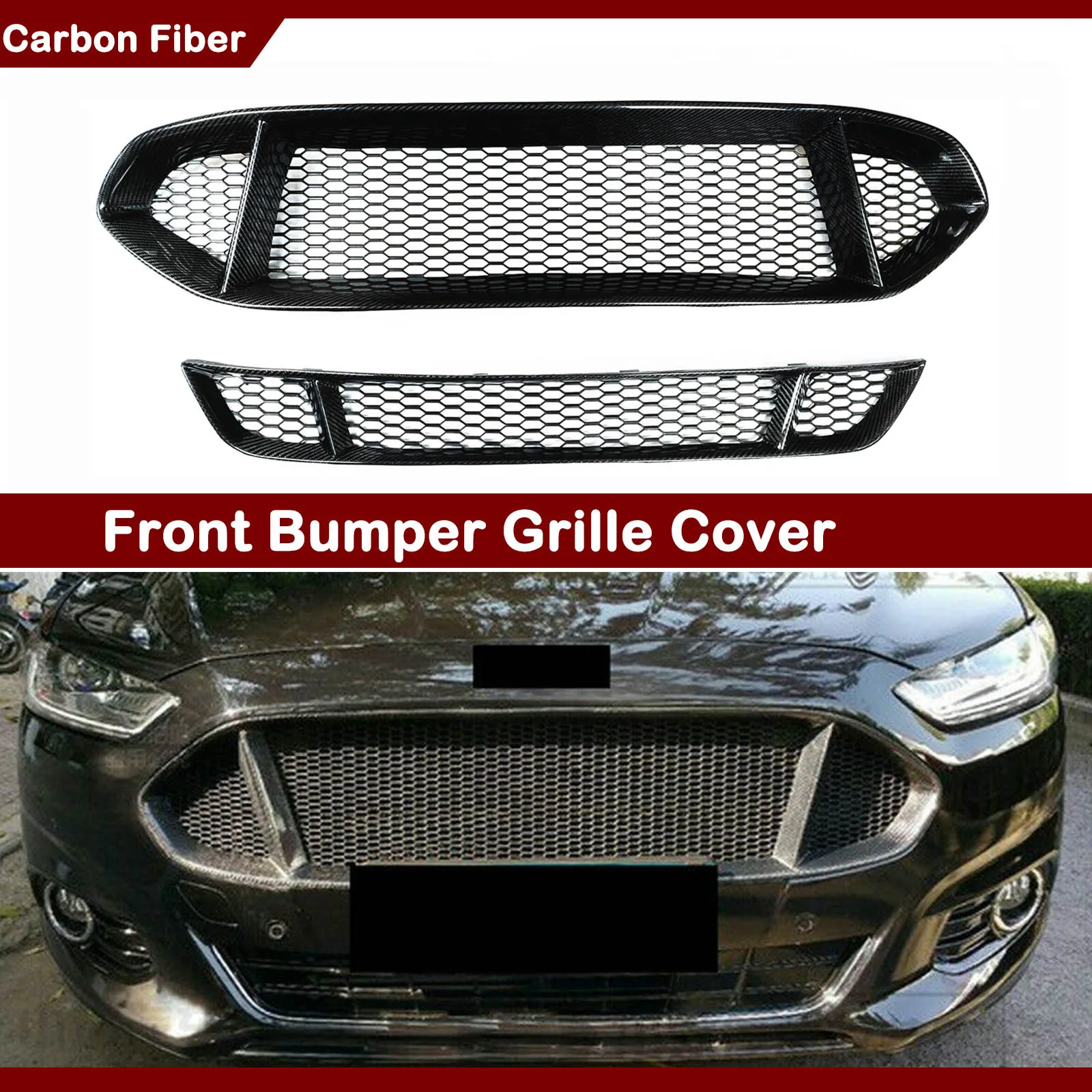 Real Carbon Fiber Car Front Grille Grill Honeycomb Upper & Lower Bumper Hood Mesh For Ford Mondeo Fusion 2013-2016