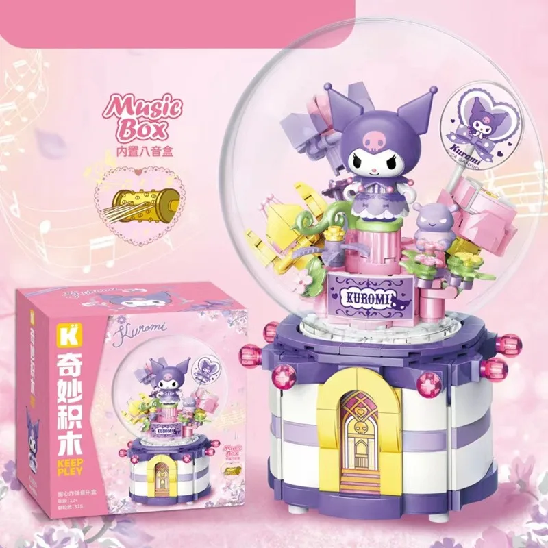 Keeppley Sanrio Series Music Box Building Blocks Hello Kitty  Melody Kuromi Cinnamoroll Crystal Ball Splicing Toy Christmas Gift