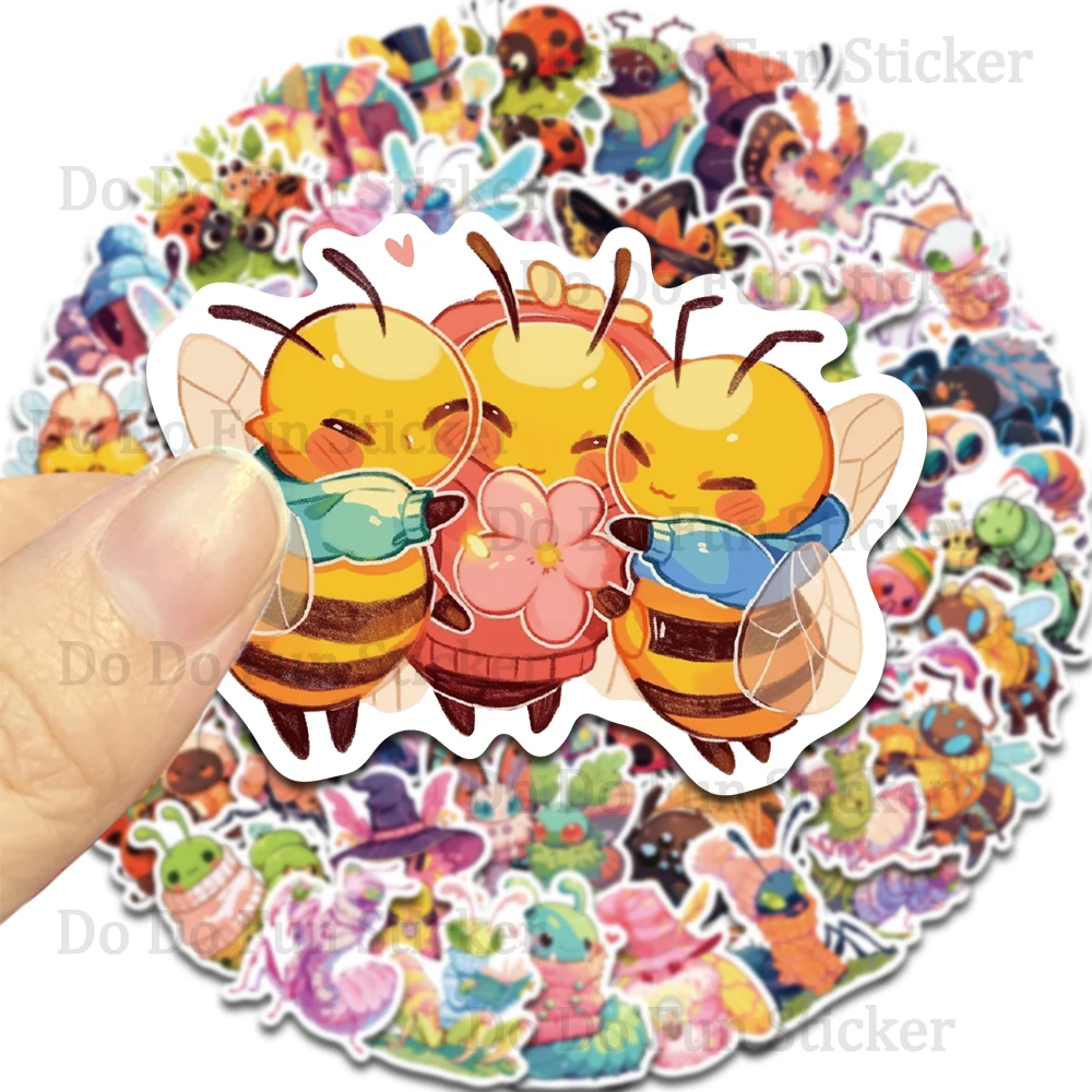 50PCS Cartoon Cute Insect Collection Graffiti Sticker Waterproof PVC Bee Butterfly Moth Caterpillar Spider Mantis Decoration