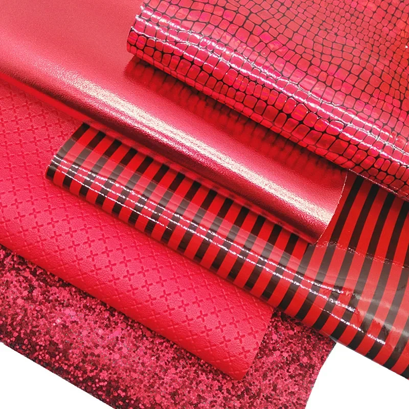 Red Glitter Leather Sheets Stripes Crocodile Faux Leather Fabric Cross Embossed Synthetic Leather Vinyl For DIY 21x29CM Y463