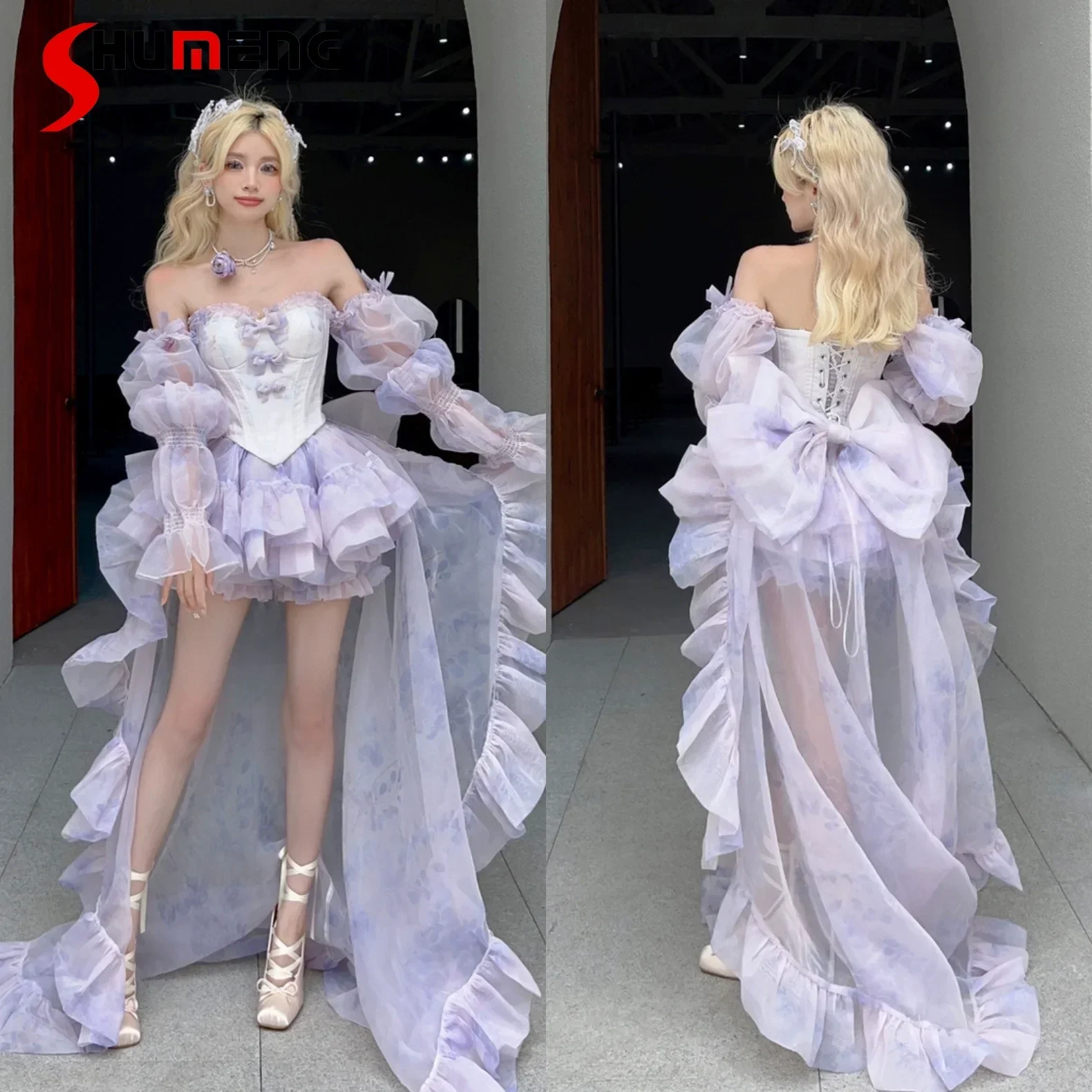 

Purple Lolita Princess Dress Set Women's High Waist Slim Big Bow Long Trailing Strapless Dress Fairy Ball Gown Dress Summer