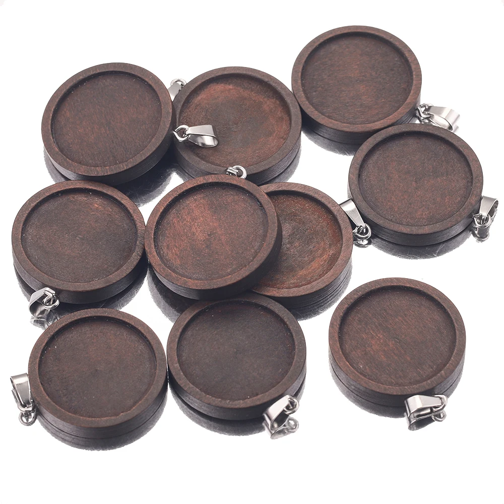 10 szt. 20/25/30 mm brązowy drewniany naszyjnik wisiorki ustawienie Cabochon Cameo podstawa taca Bezel puste pasujące do tworzenia biżuterii ustalenia