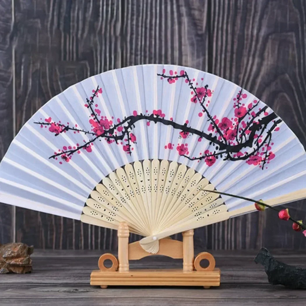 Elegant Cherry Blossom Print Folding Hand Fans Flower Print Vintage Fan White Polyester Fans Summer Girls Dancing Fan