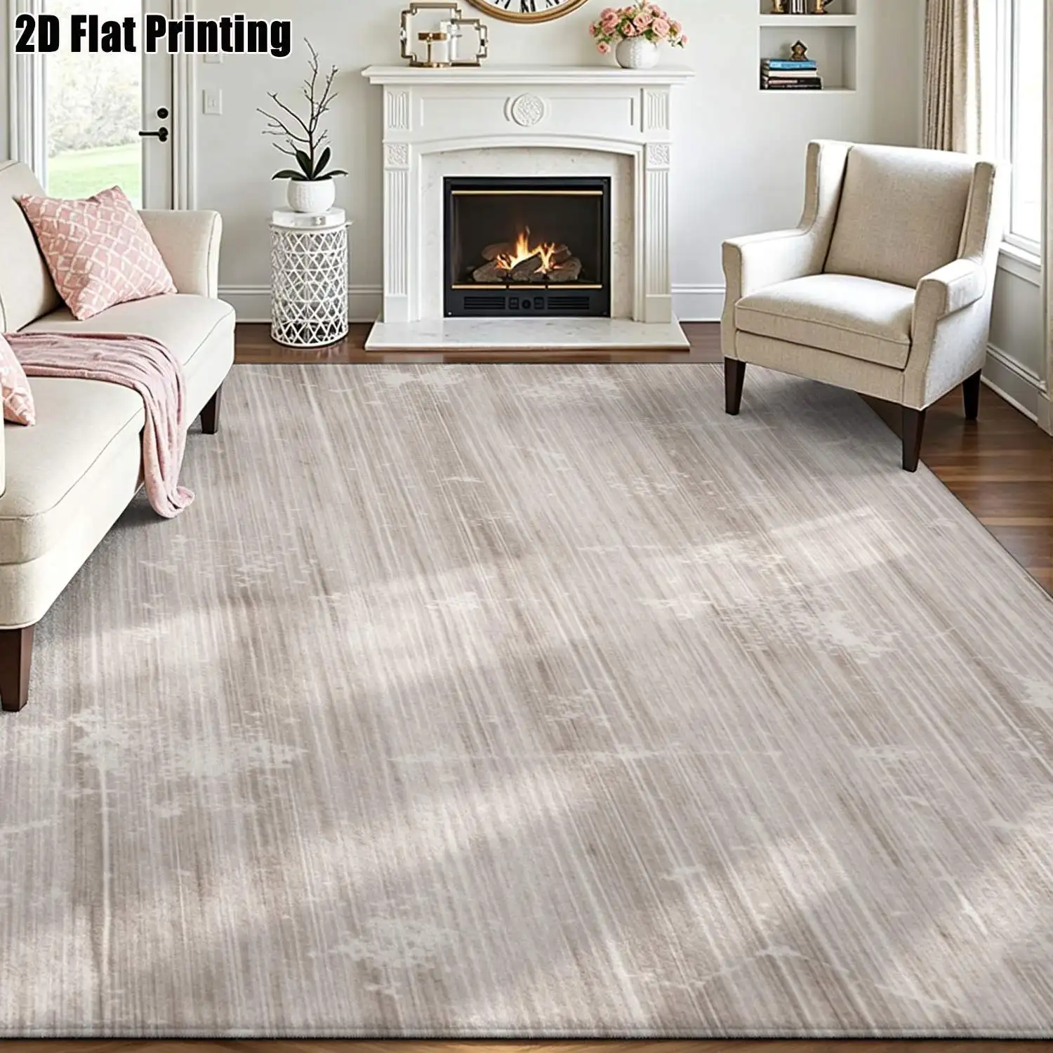 1Pc 2D Printed Carpet: Light Gray Wood Grain & Vintage Pattern Nordic/Modern Minimalist/Retro Geometric Striped, Machine Washable, Multiple Sizes, for Entrance/Dining/Foyer/Living Room/Bedroom Home Decor