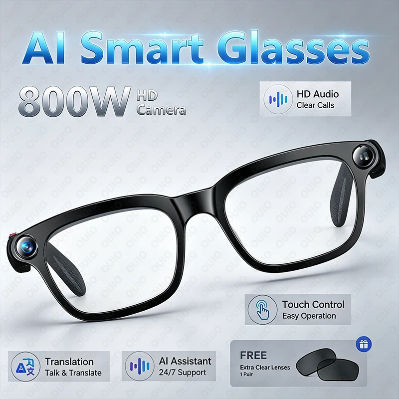 

2026 New Smart Glasses 800W HD Camera Video Recording Photo HD Audio AI Assistant Translation Touch Control 300mAh Smart Glasses