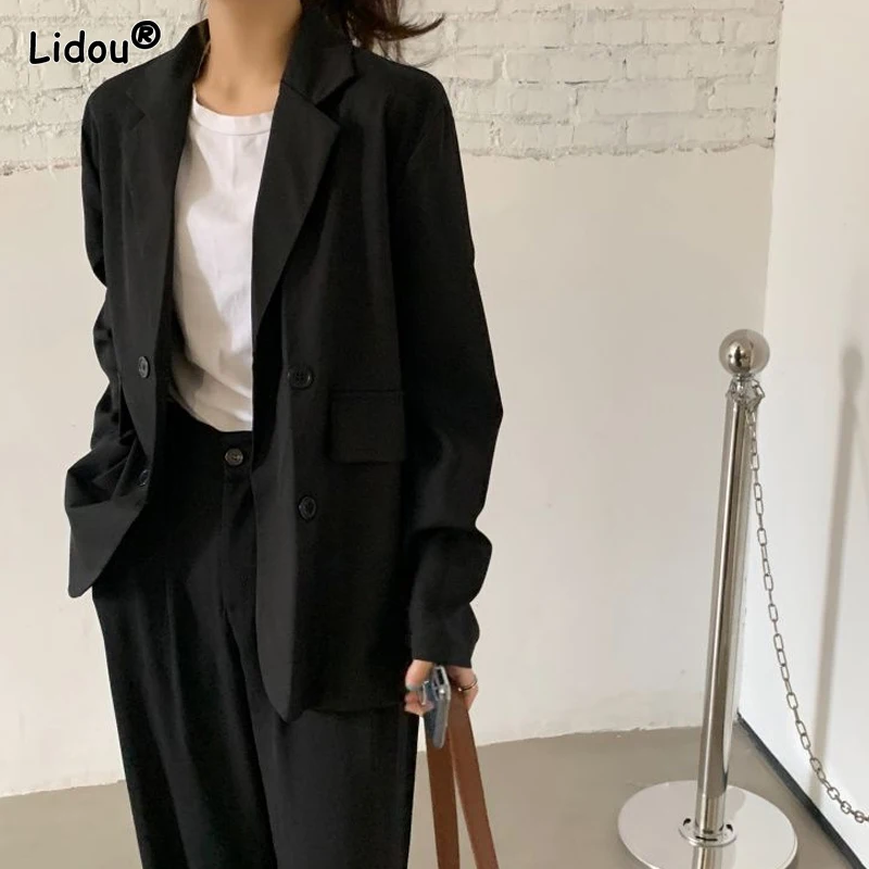 Blazer Kasual Bisnis Fashion Elegan Pakaian Wanita Musim Semi Musim Panas Wanita Kantor Berlekuk Kancing Saku Warna Solid Lurus