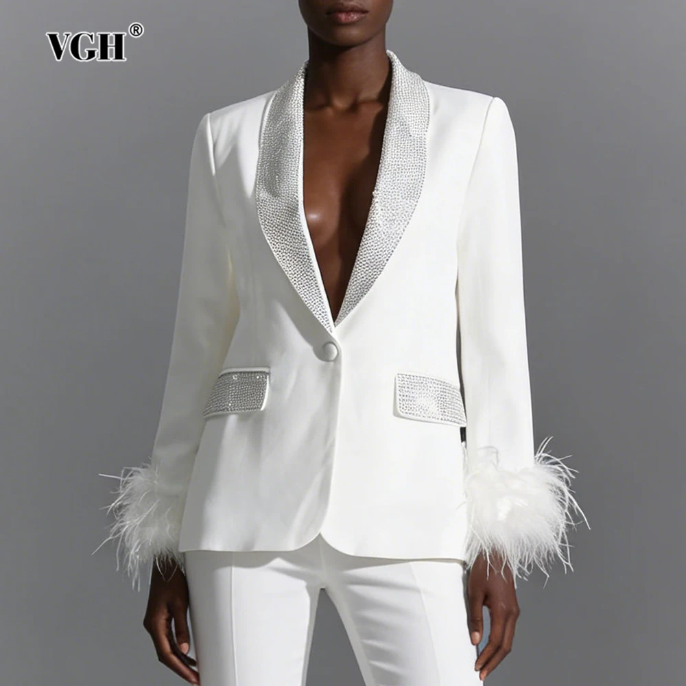 VGH Luxus Trend Verstärktes Feder Solide Blazer Für Frauen V-ausschnitt Langarm Herbst Temperament Abnehmen Jacken Weibliche Mode