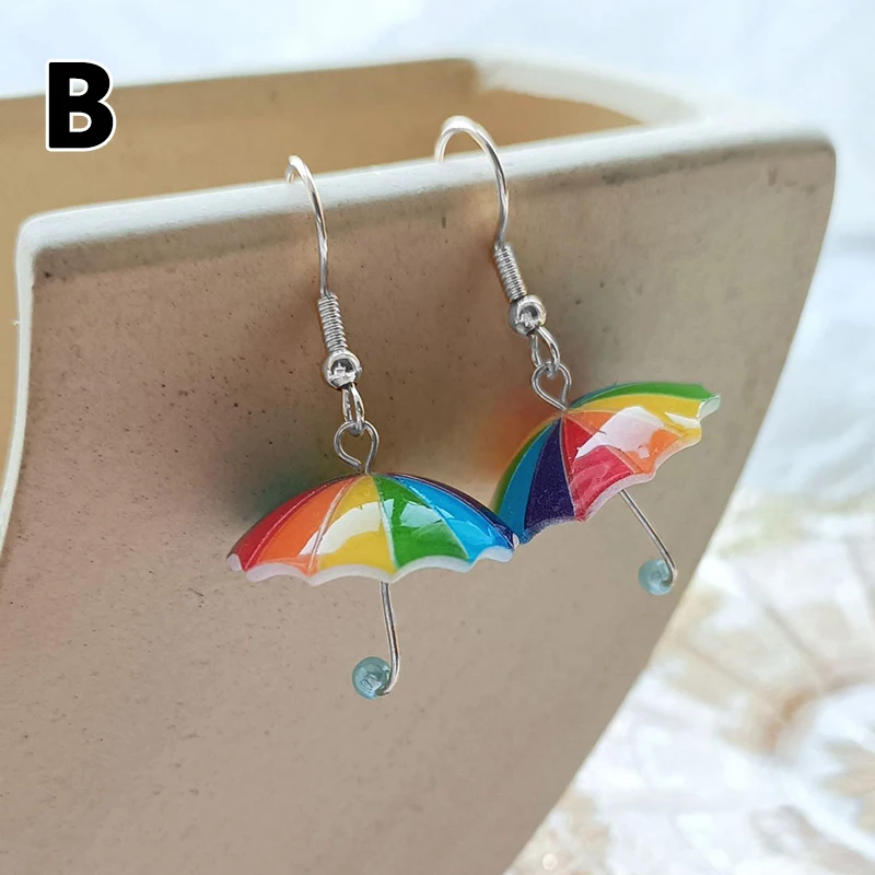 Cute Umbrella Earrings Kawaii Colored Rainbow Pearl Eardrop Ornament for Women Sweet Girls Funny Pendant Earring Jewelry