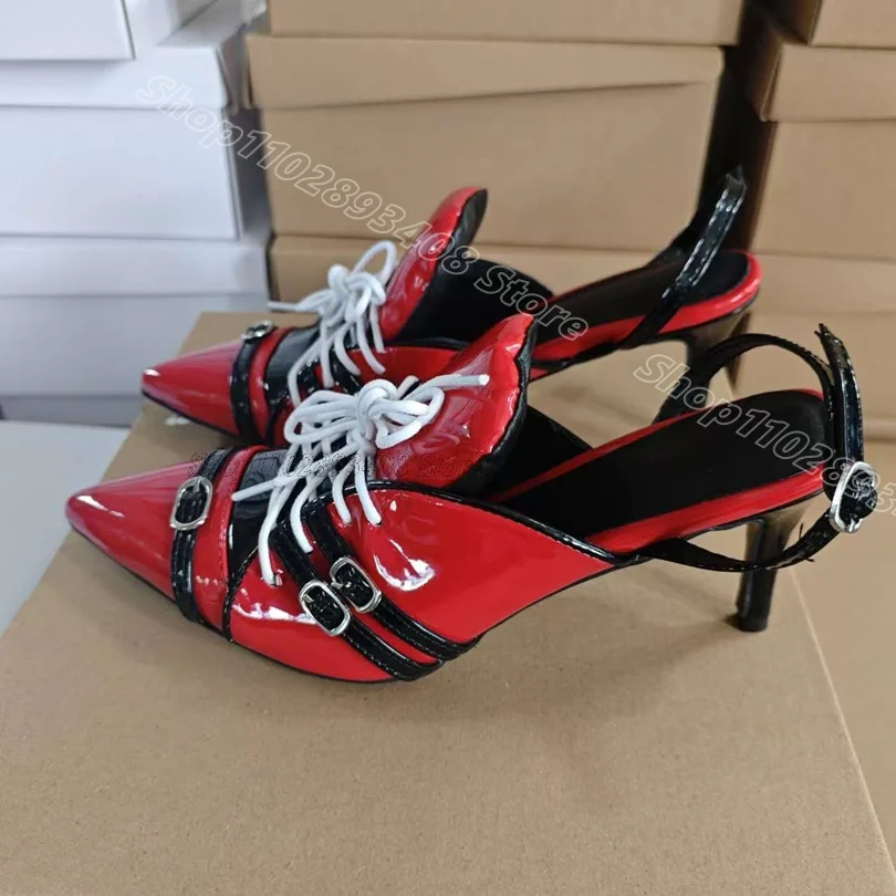 

Red Lace up Slingback Pumps Pointed Toe Stiletto Ankle Buckle Patent Leather Party Dress Fashion Women Shoes Zapatos Para Mujere