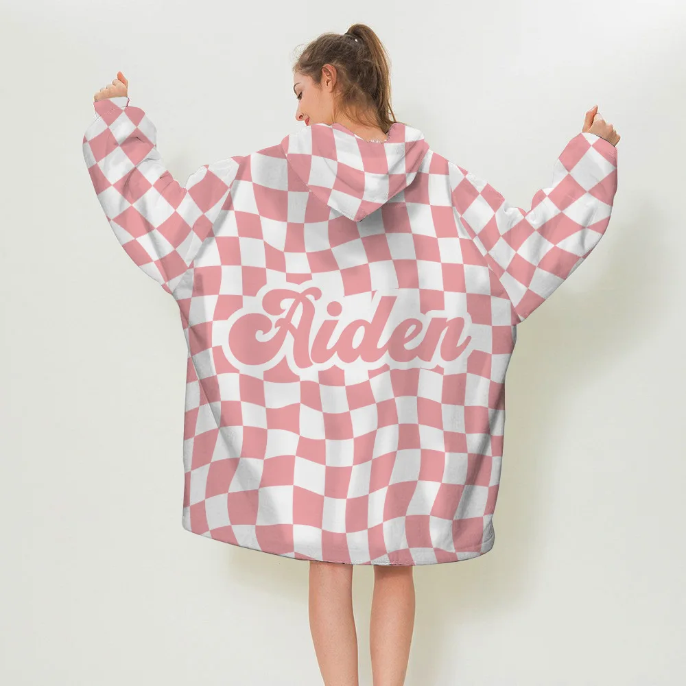 Personalized Name Chessboard Custom Hooded Blanket Lazy Blanket Wearable Robe Warm Nightgown Blanket With Hat Flannel Blanket