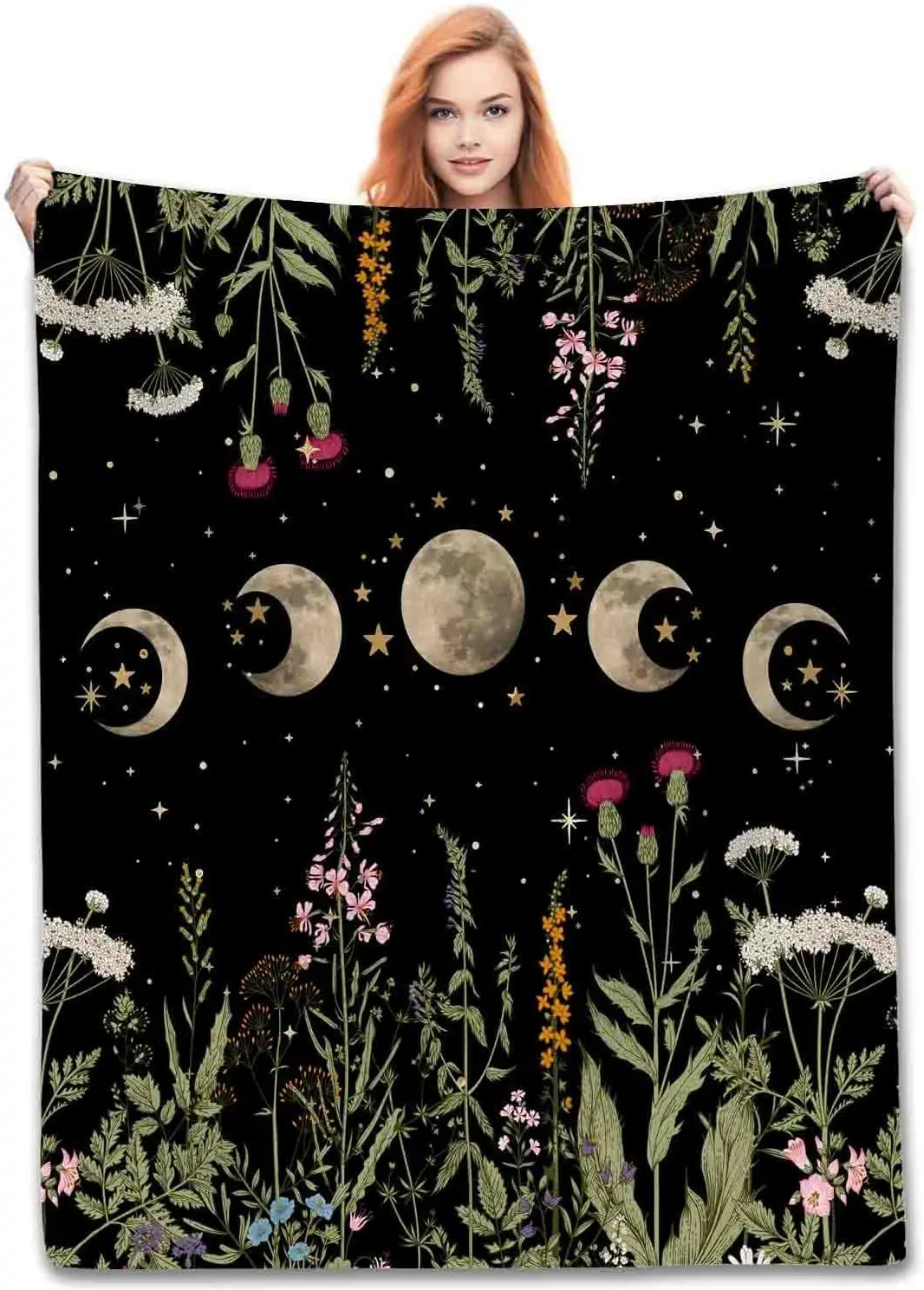 Dark Boho Moon Phase Wild Floral Thermal Throw Blanket, Witch Pattern for Reading Nook Couch Winter Indoor Warm Decor